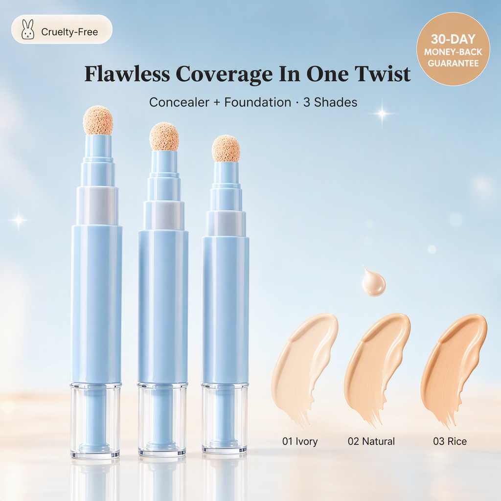 Cushé Dual-Action Concealer Pen in three shades — 01 Ivory, 02 Natural and 03 Rice with swatches