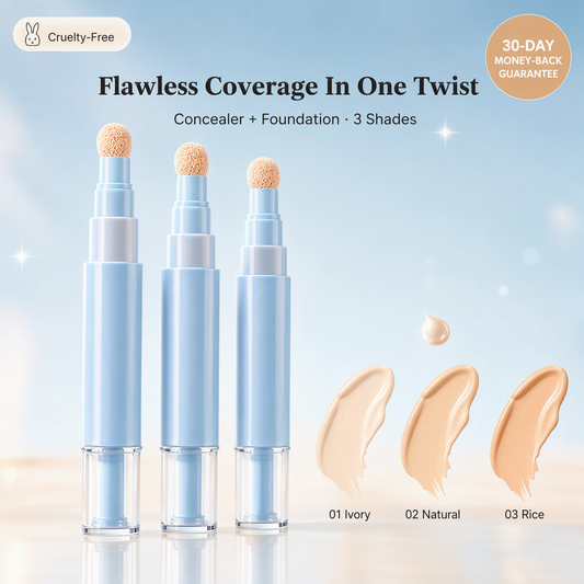 Cushé Dual-Action Concealer Pen in three shades — 01 Ivory, 02 Natural and 03 Rice with swatches