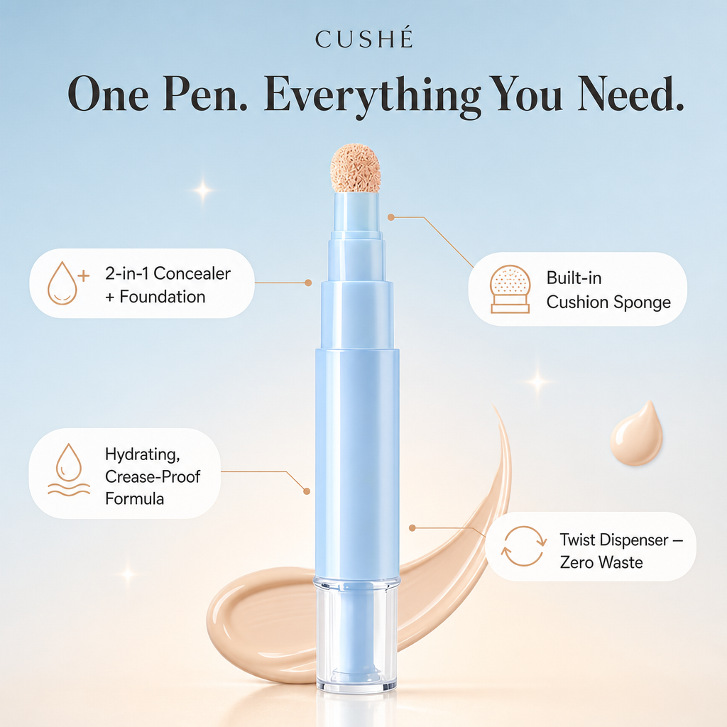 Cushé pen features — 2-in-1 concealer + foundation, built-in cushion sponge, hydrating crease-proof formula, twist dispenser
