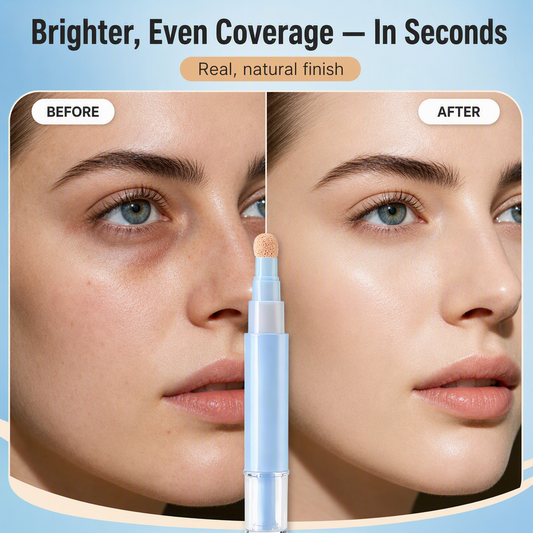 Before and after using the Cushé concealer pen — brighter, even under-eye coverage in seconds